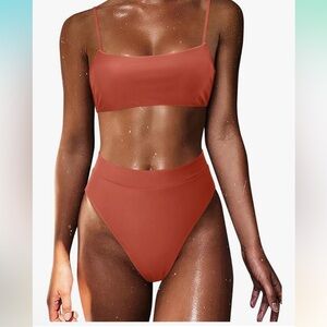 Dark orange NWT M High cut high waist boning sides adj strap Bikini Set